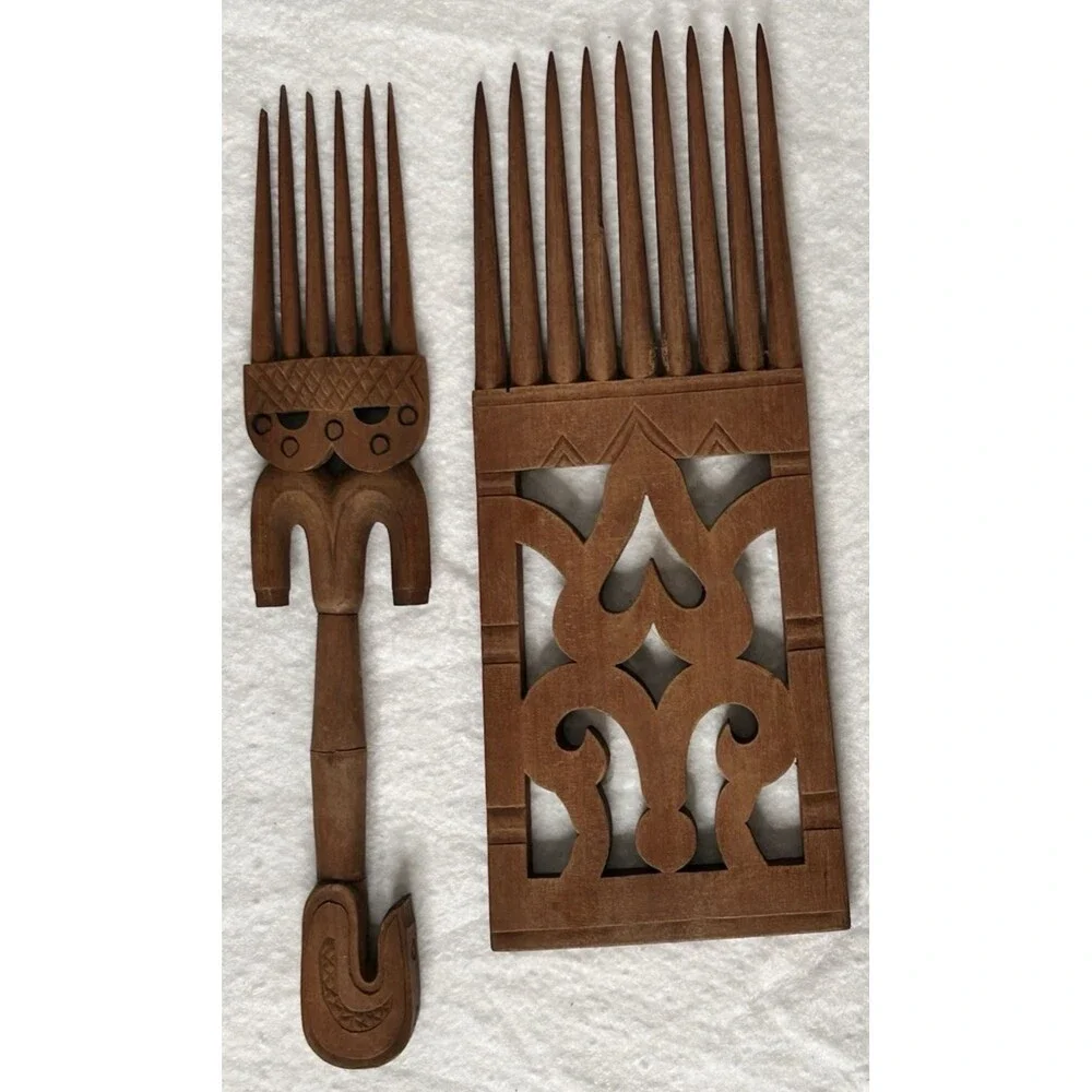 Vintage West African hand-carved ceremonial hair combs set of 2